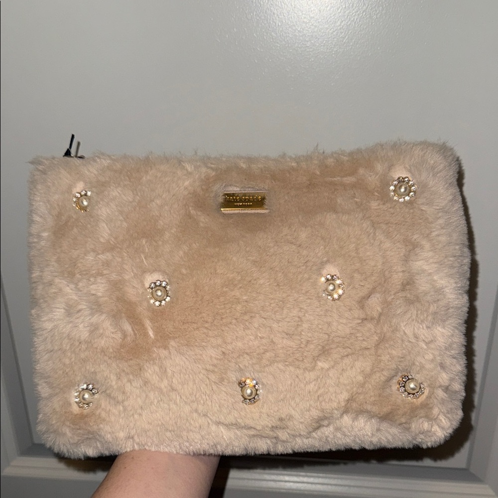 Kate Spade Beige Fur Cosmetic Bag with Pearl Details